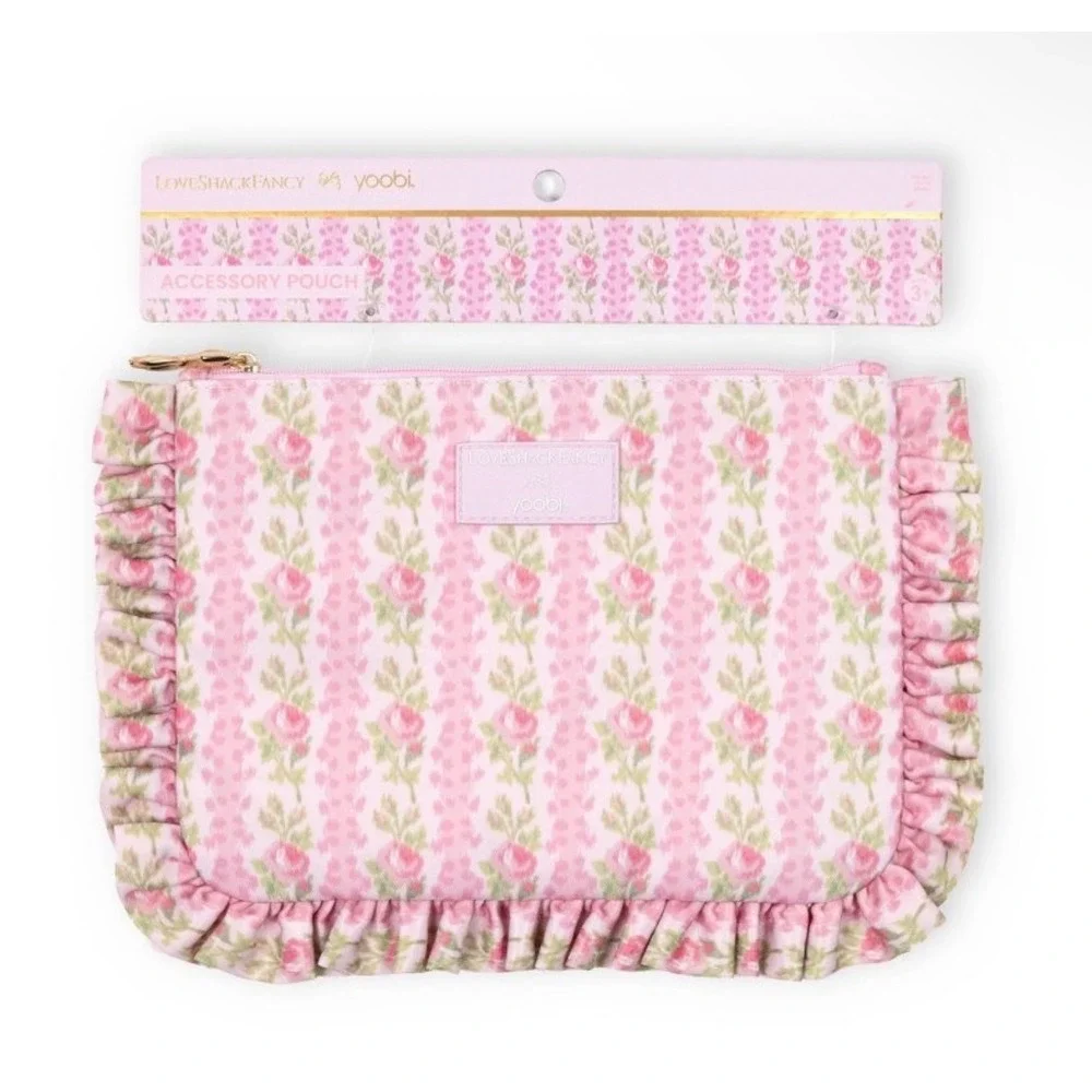 LoveShackFancy x Yoobi Pink Floral Ruffle Accessory Pouch Blooming Heirloom New